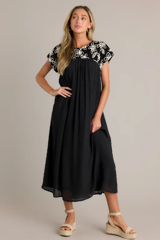 women's stretchy dressesMuted Garden Black Floral Midi Dress