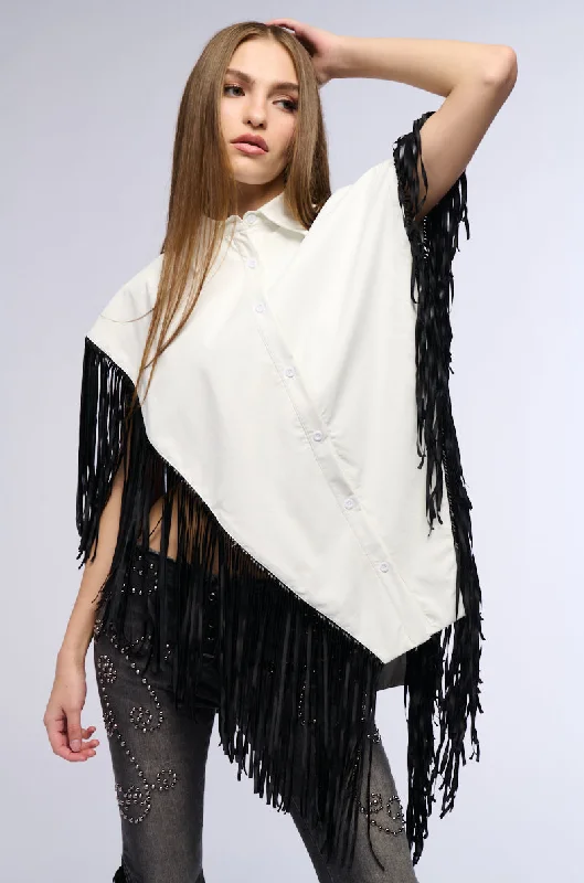 women's tops for those who want to add a touch of sophistication to their casual attireFLY HIGH FAUX LEATHER TOP WITH FRINGE