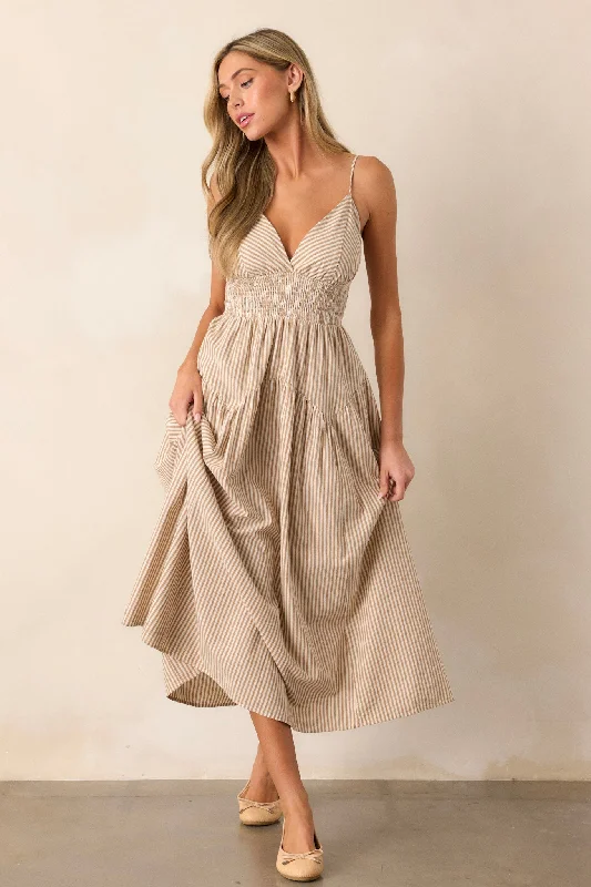 Cold-Shoulder DressSweet Harmony Tan Stripe Sleeveless Midi Dress