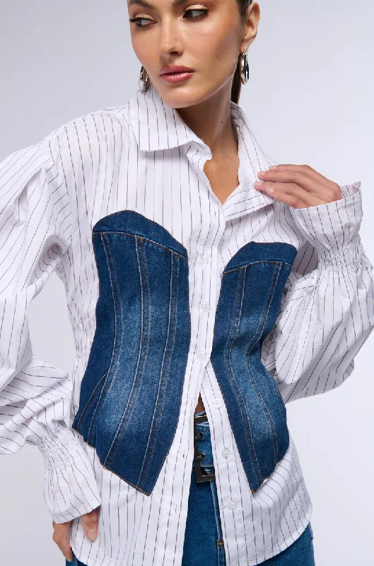 women's tops for those who refuse to compromise on styleRAISA DENIM CORSET DETAIL BUTTON DOWN BLOUSE