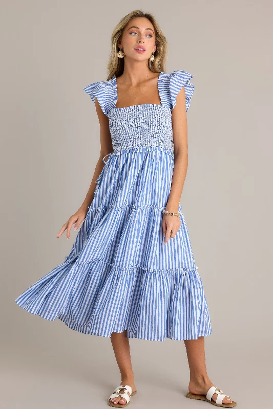 women's cotton dressesBayside Stroll 100% Cotton Blue Stripe Smocked Midi Dress