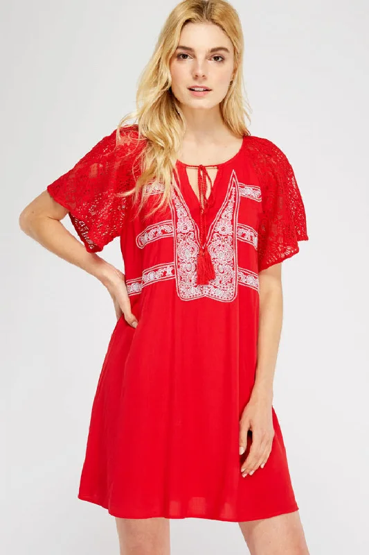 Wrap DressLace & Embroidered Mini Dress, Red