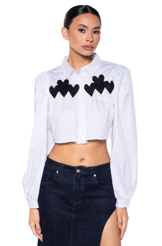 women's tops for those who love to experiment with fashionDOLL FACE PUFF SLEEVE CROP BUTTON DOWN