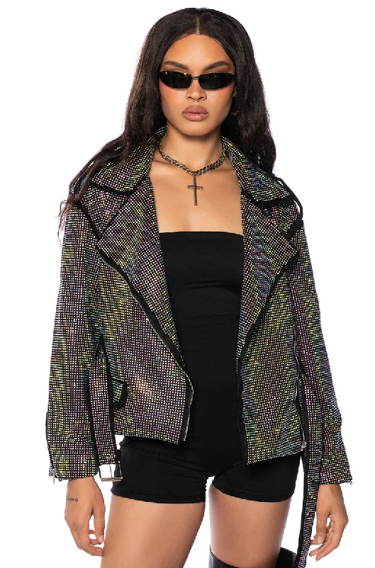 women's coats with sheer overlaysPARIS CRYSTAL WRAP MOTO JACKET