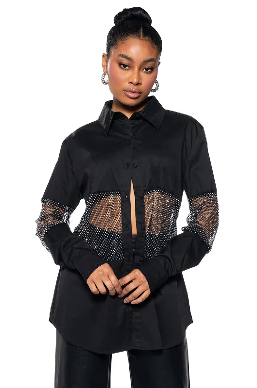 women's tops for those who want to make a fashion statementJOSIE RHINESTONE MESH POPLIN BUTTON DOWN