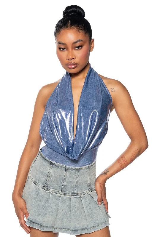 women's tops with unique designsUNDER THE LIGHTS COWL NECK METALLIC BODYSUIT