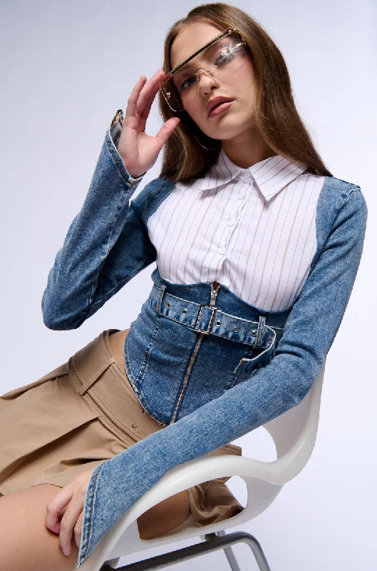 long-sleeved women's topsSWEET & PLENTY BUTTON DOWN DENIM BLOUSE