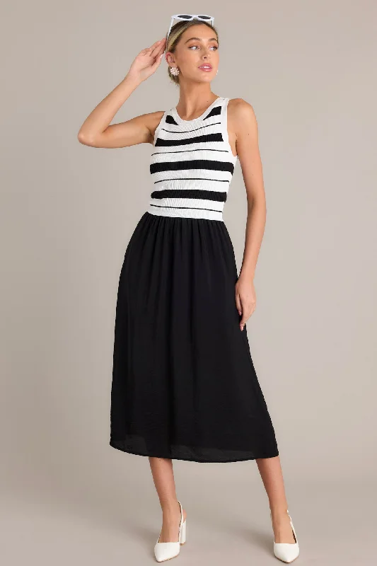 Tiered DressMonochrome Moments Black Stripe Midi Dress