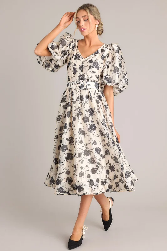 women's maxi dressesBlossoming Resilience Ivory & Black Floral Belted Midi Dress