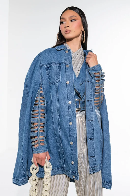 women's coats with zippersDON'T TALK LOUD DENIM TRENCH PONCHO