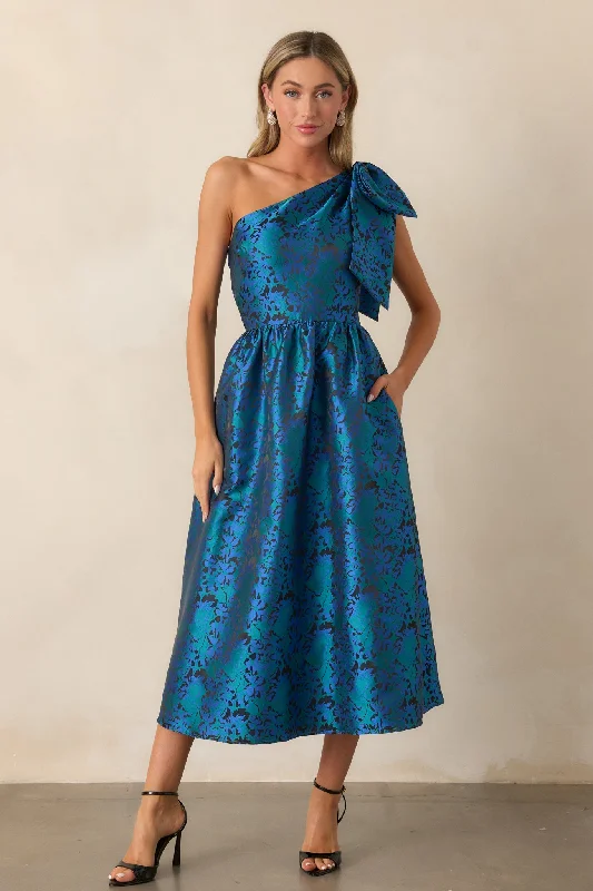 Trumpet DressMidnight Toasts Blue Jacquard One Shoulder Midi Dress