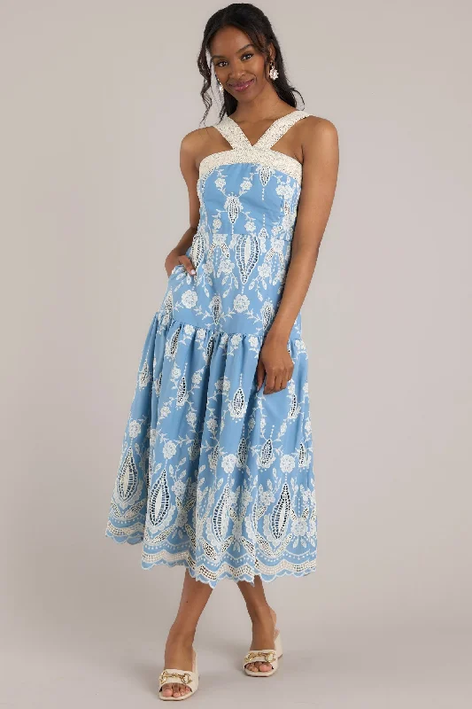 Cocktail DressForever Remembered Ash Blue Floral Embroidered Midi Dress