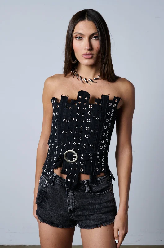 women's tops for summer festivalsIVY PATCHWORK BELTED DENIM CORSET