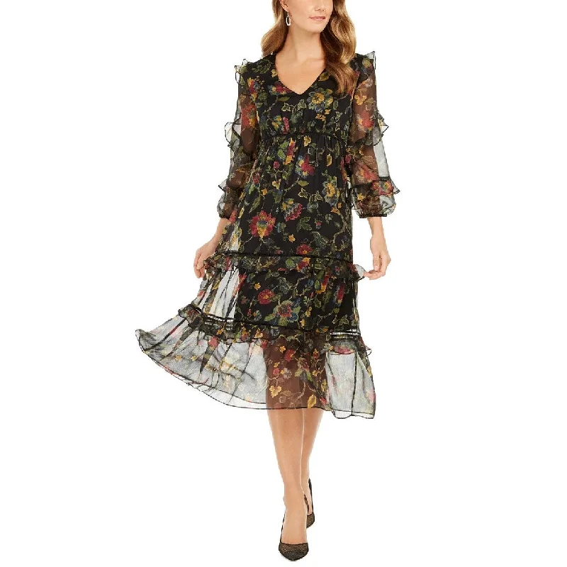 women's cinched-waist dressesTaylor Women's Floral Print Chiffon Midi Dress Black Size 10