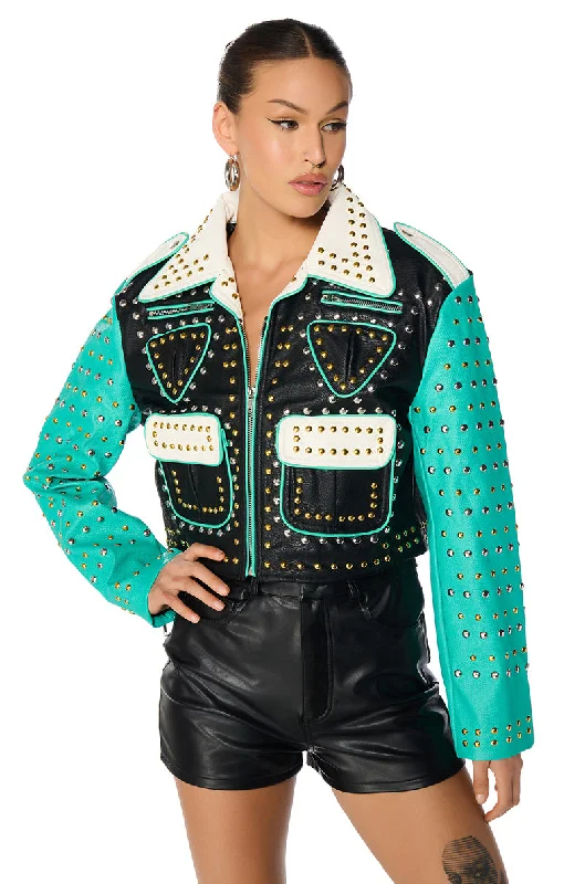 women's coats with satin liningsWILD WEST STUDDED MOTO JACKET