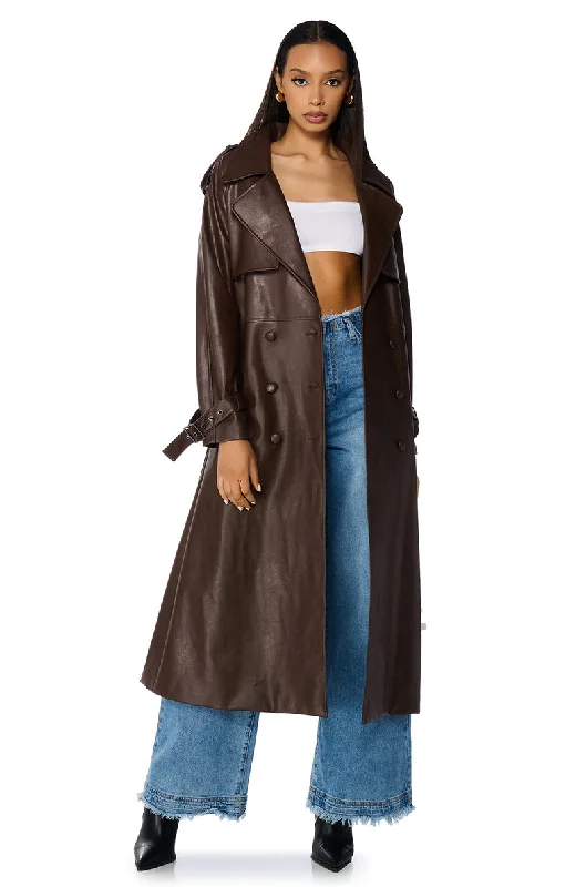 women's coats for glamorous eveningsAU REVOIR FAUX LEATHER TRENCH IN BROWN