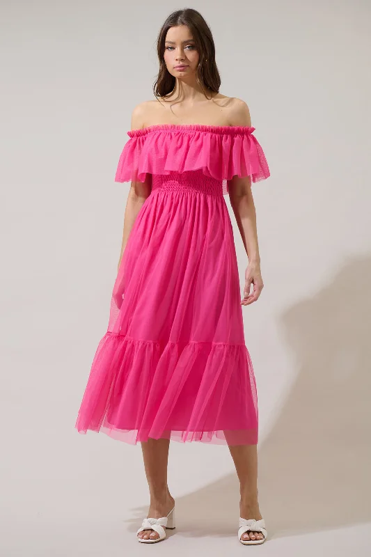 women's ruffle dressesTrace Tulle Off the Shoulder Midi Dress