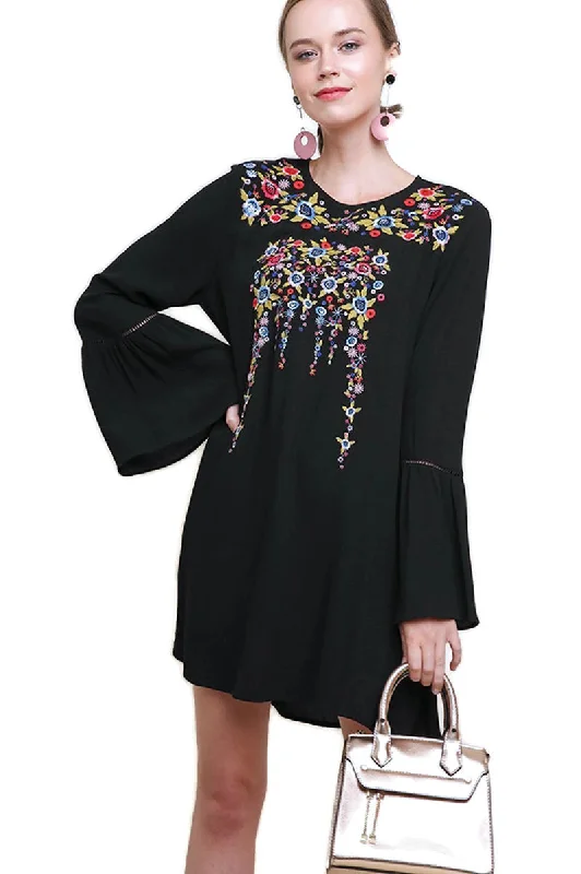 Solid Color DressFloral Embroidered Bell Sleeve Mini Dress, Black