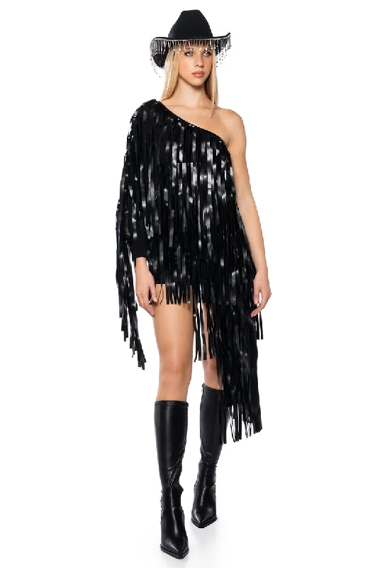 satin women's topsDESTINY PU FRINGE ONE SHOULDER TOP