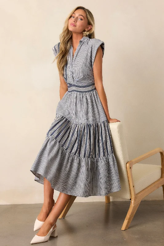 Body-Hugging DressAlong The Way Navy Stripe Cap Sleeve Midi Dress