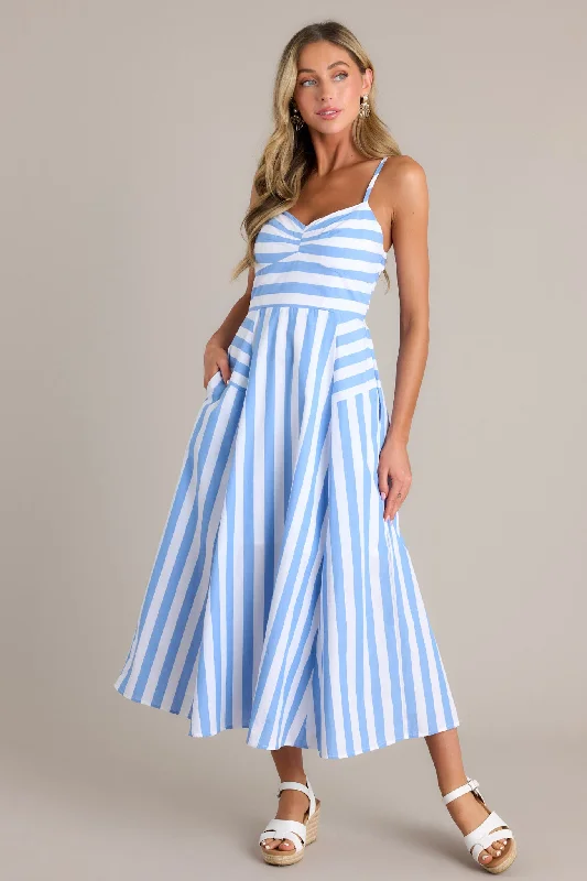 women's beach dressesCoastal Cutie 100% Cotton Light Blue Stripe Midi Dress