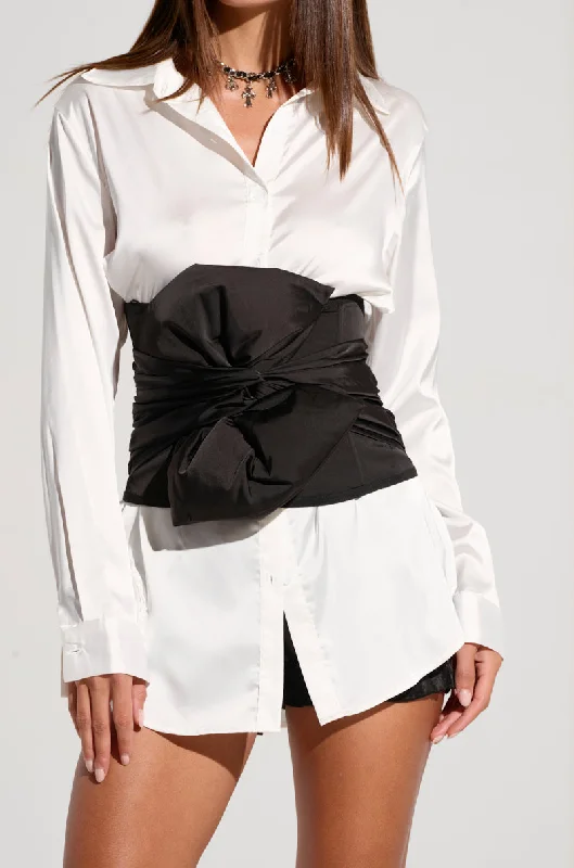 chic women's tops for everyday wearTIED WITH A BOW SATIN BELT