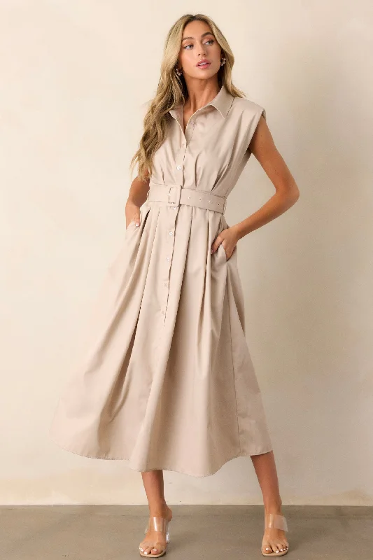 women's petite dressesDays Go By Beige Belted Midi Dress