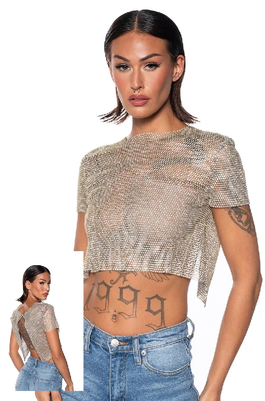 women's tops for mixing and matching with different bottomsSILENT MOVES OPEN BACK RHINESTONE TOP IN GOLD