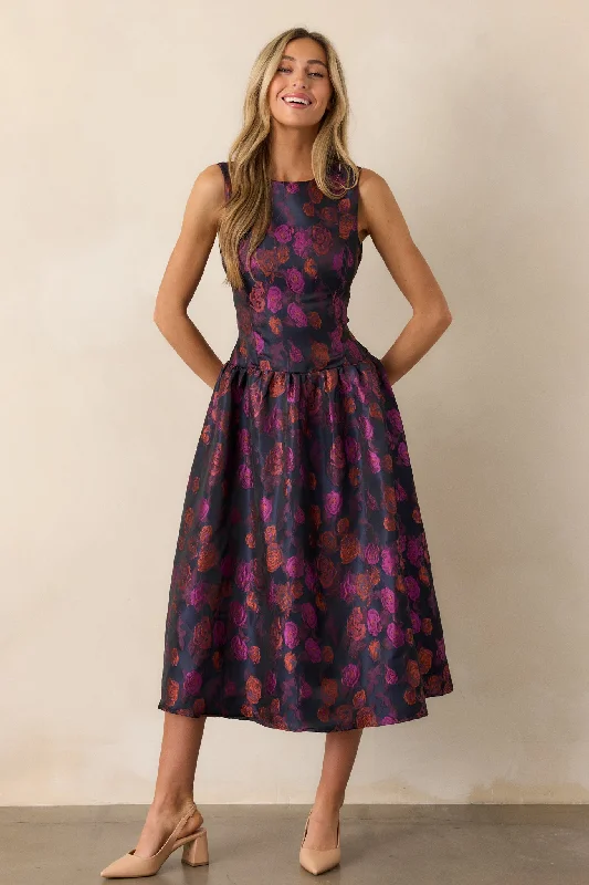 Skater DressWindswept Garden Purple Floral Drop Waist Midi Dress