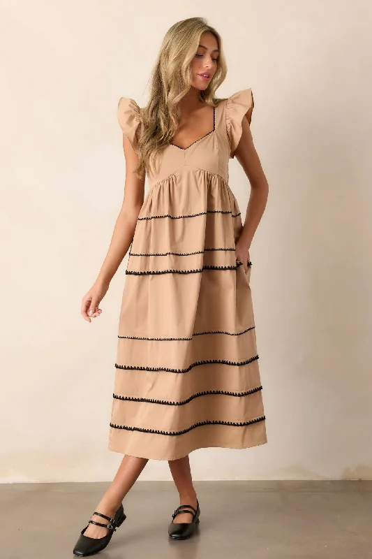 women's work dressesCan't Live Without Tan Stripe Tiered Midi Dress