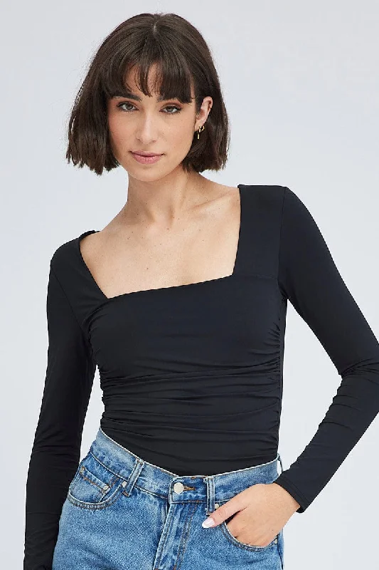 women's tops made from cottonBlack Bodysuit Long Sleeve Square Neck Ruched Nylon