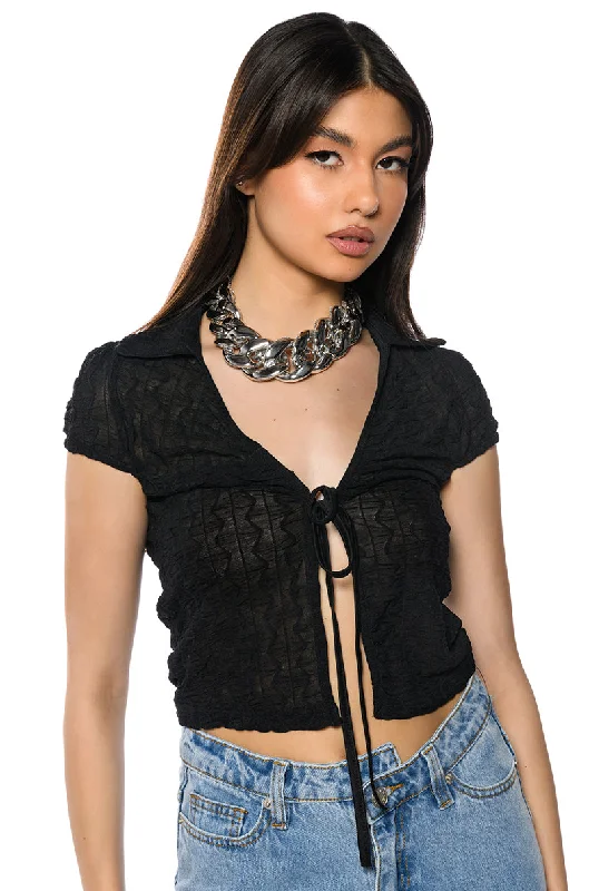 women's tops for those who love to experiment with fashionKARLY TIE FRONT MESH TOP