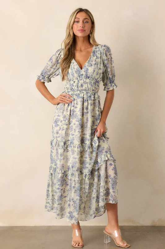 Floor-Length DressMidnight Train Blue Floral Midi Dress