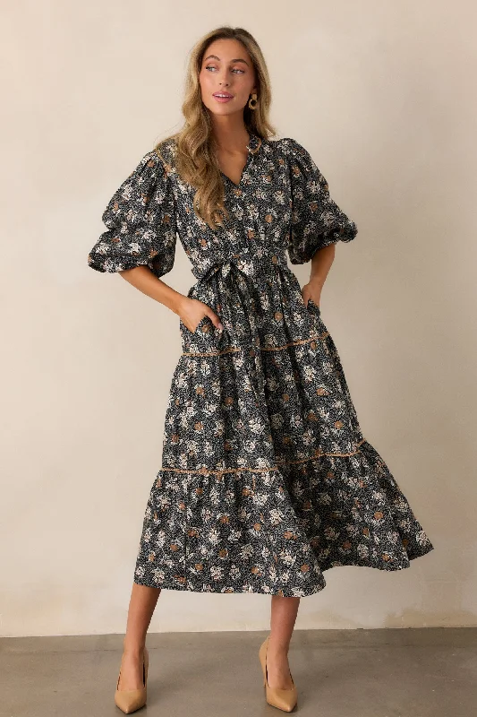 women's handmade dressesRustic Allure 100% Cotton Black Floral Midi Dress