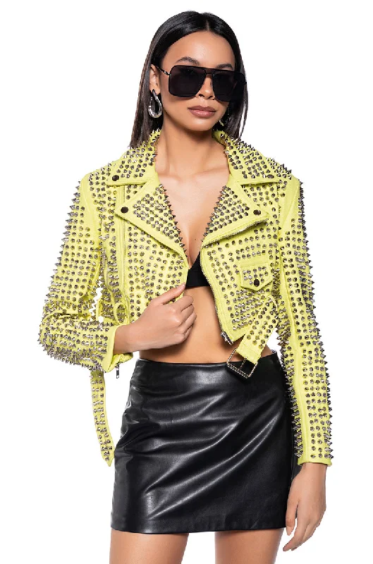 trendy women's coatsGAZETTE SULPHUR EDITION CROP MOTO JACKET WITH 3000 STUDS