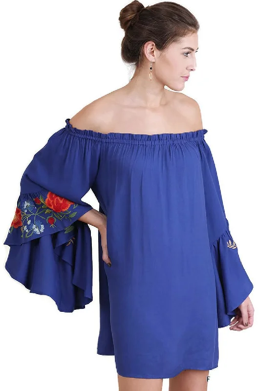 Vintage DressFloral Embroidered Bell Sleeve Mini Dress, Royal Blue