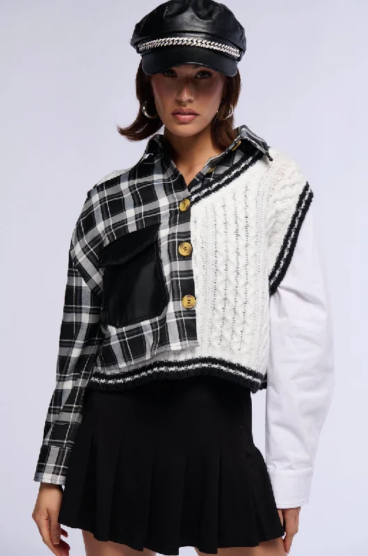 off-the-shoulder women's topsSWEATER WEATHER BUTTONED PATCHWORK PLAID TOP