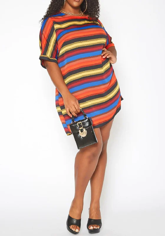 Evening DressHi Curvy Plus Size Women Multi Striped Shift Mini Dress