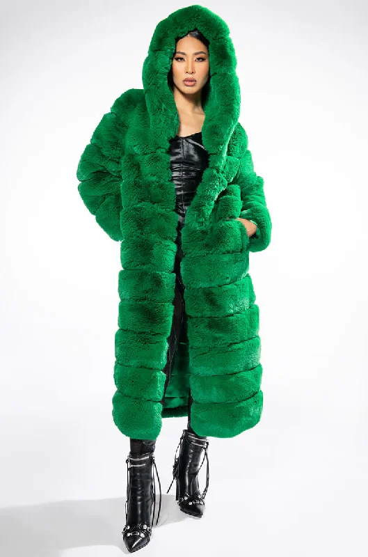 sustainable women's coatsLUXE JENNY FAUX FUR LONG COAT IN GREEN