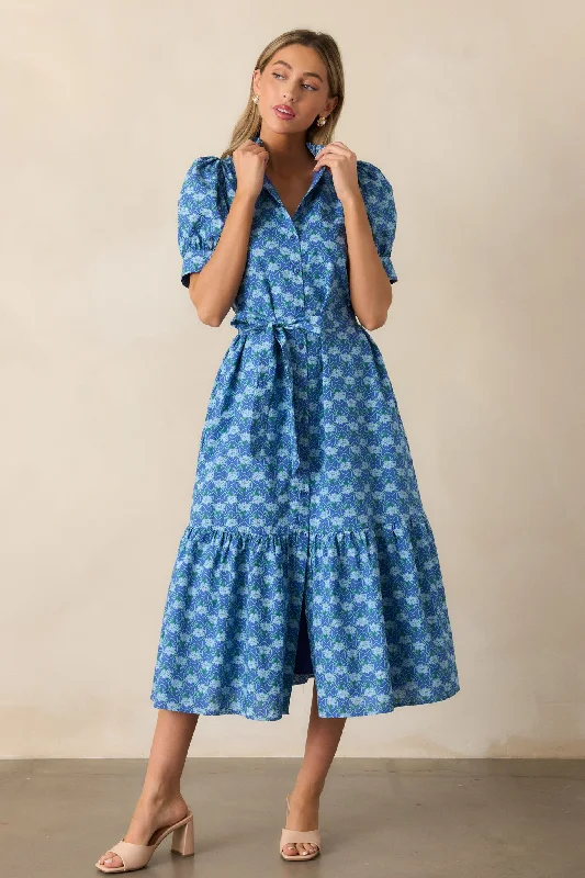 Pastel DressOrchid Waters 100% Cotton Blue Floral Button Front Midi Dress