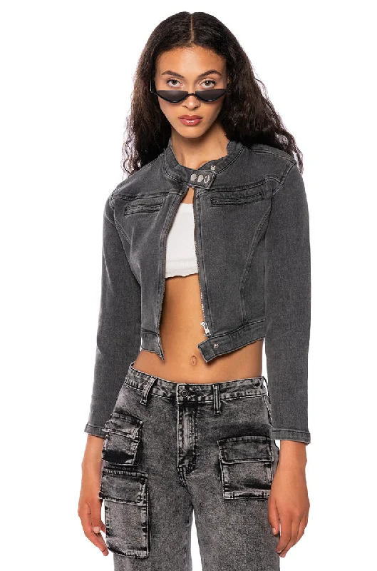 leather coats for womenON THE GO WASHED GREY DENIM MOTO JACKET