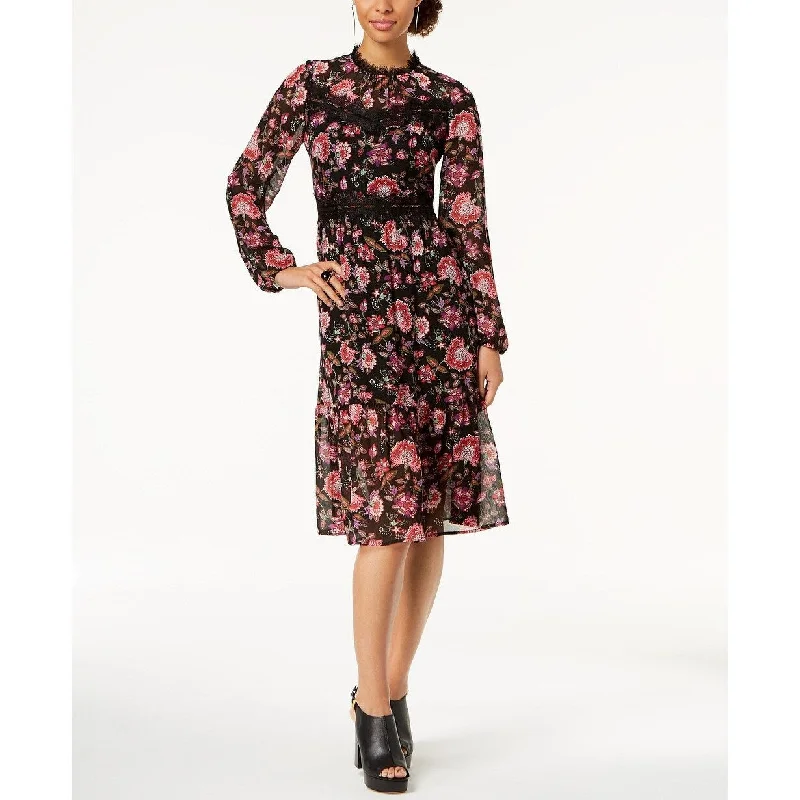 Bow-Tie DressNine West Women's Lace-Trim Floral Chiffon Midi Dress Size 4" - Black