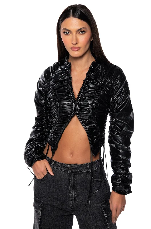 women's tops for those who believe in expressing their individuality through fashionINTO THE MATRIX FAUX LEATHER RUCHED BLOUSE