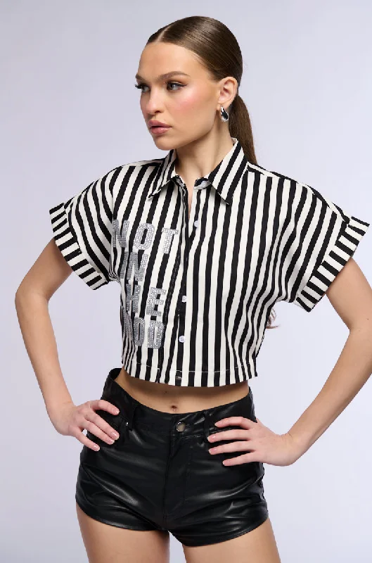 women's tops with bell sleevesNOT IN THE MOOD STRIPED BUTTON DOWN CROP BLOUSE