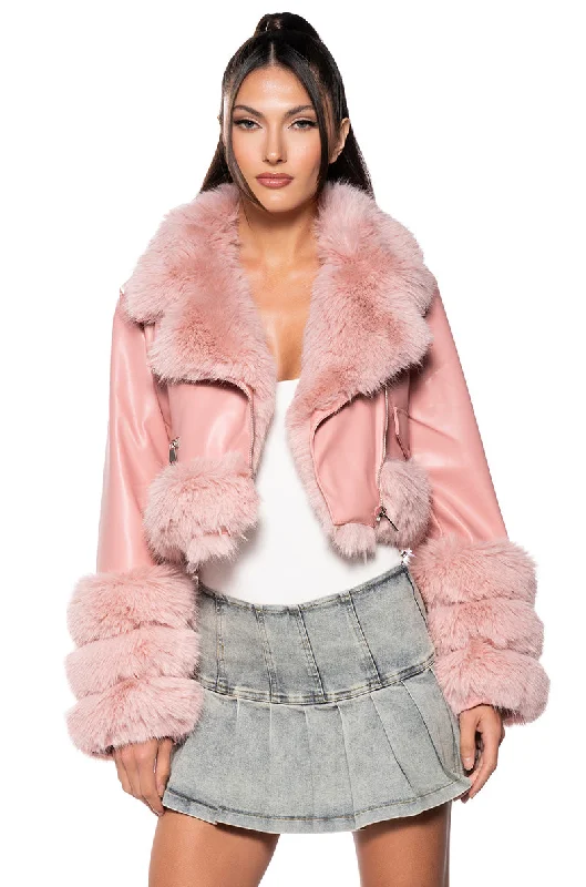 women's coats with beadwork accentsTALK THE TALK FAUX FUR MOTO JACKET