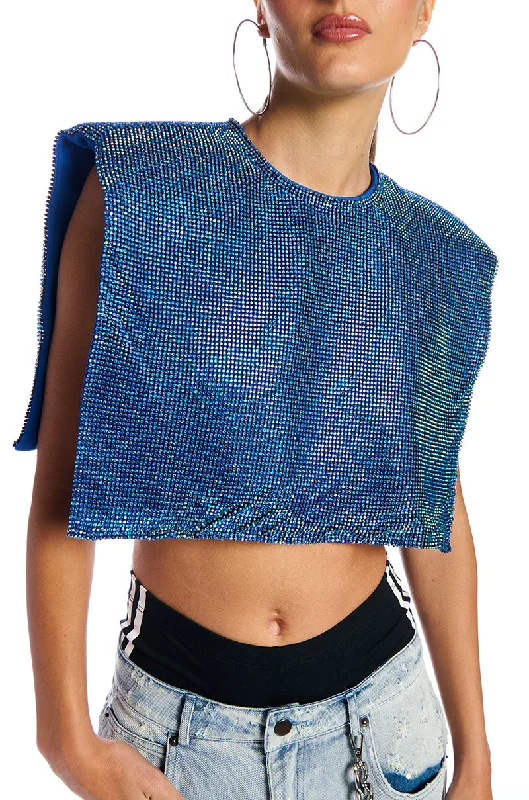 women's tops for those who want to add a personal touch to their wardrobe with unique and one-of-a-kind piecesDISCO BABE SLEEVELESS RHINESTONE CROP TOP IN BLUE