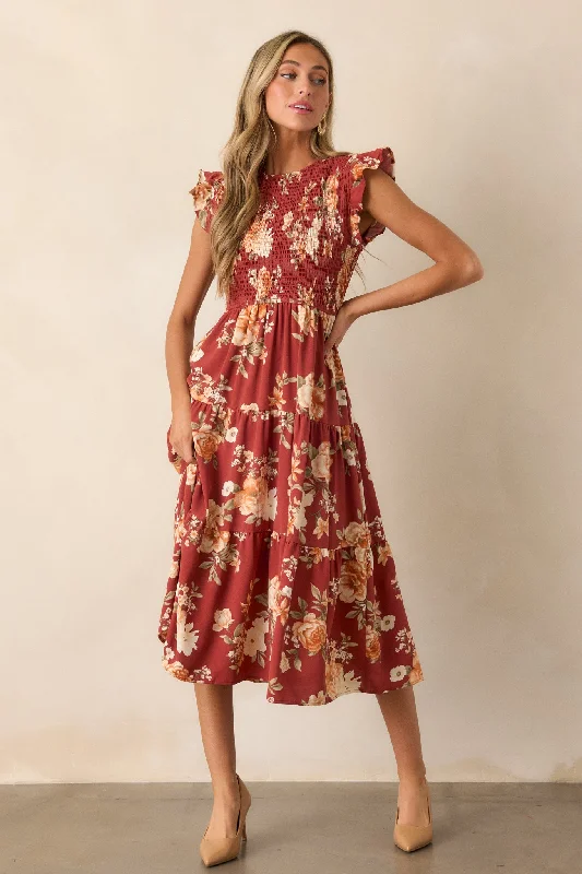 Bell-Sleeve DressDesert Dawn Red Floral Midi Dress