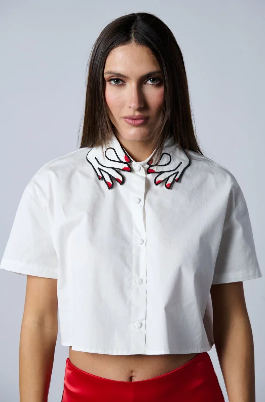 women's tops for those who want to create outfits that are both unique and memorableHANDS OFF BUTTON DOWN SHORT SLEEVE BLOUSE