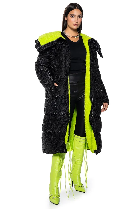 women's coats with belted waistsSTAND OUT LONG PUFFER WITH SHERPA LINING