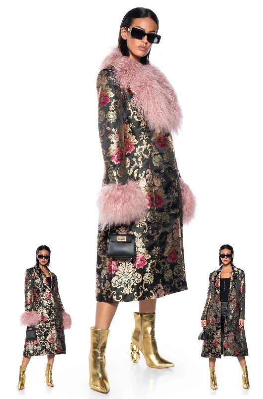 women's coats for apple-shaped bodiesCHERRY LANE BROCADE TRENCH WITH MOHAIR FUR